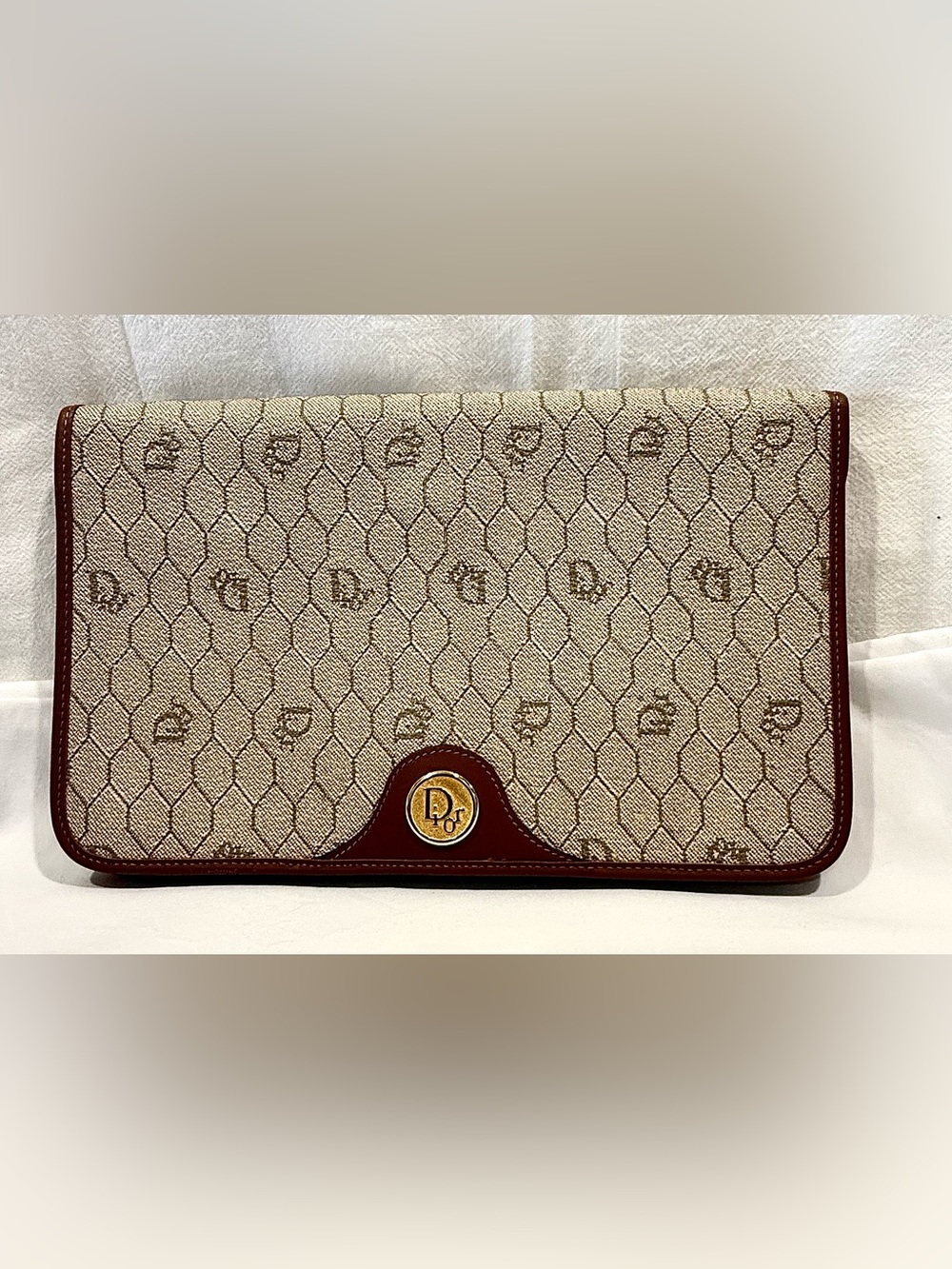 Vintage Christian Dior Beige Honeycomb Monogram Canvas Clutch with Brown Trim